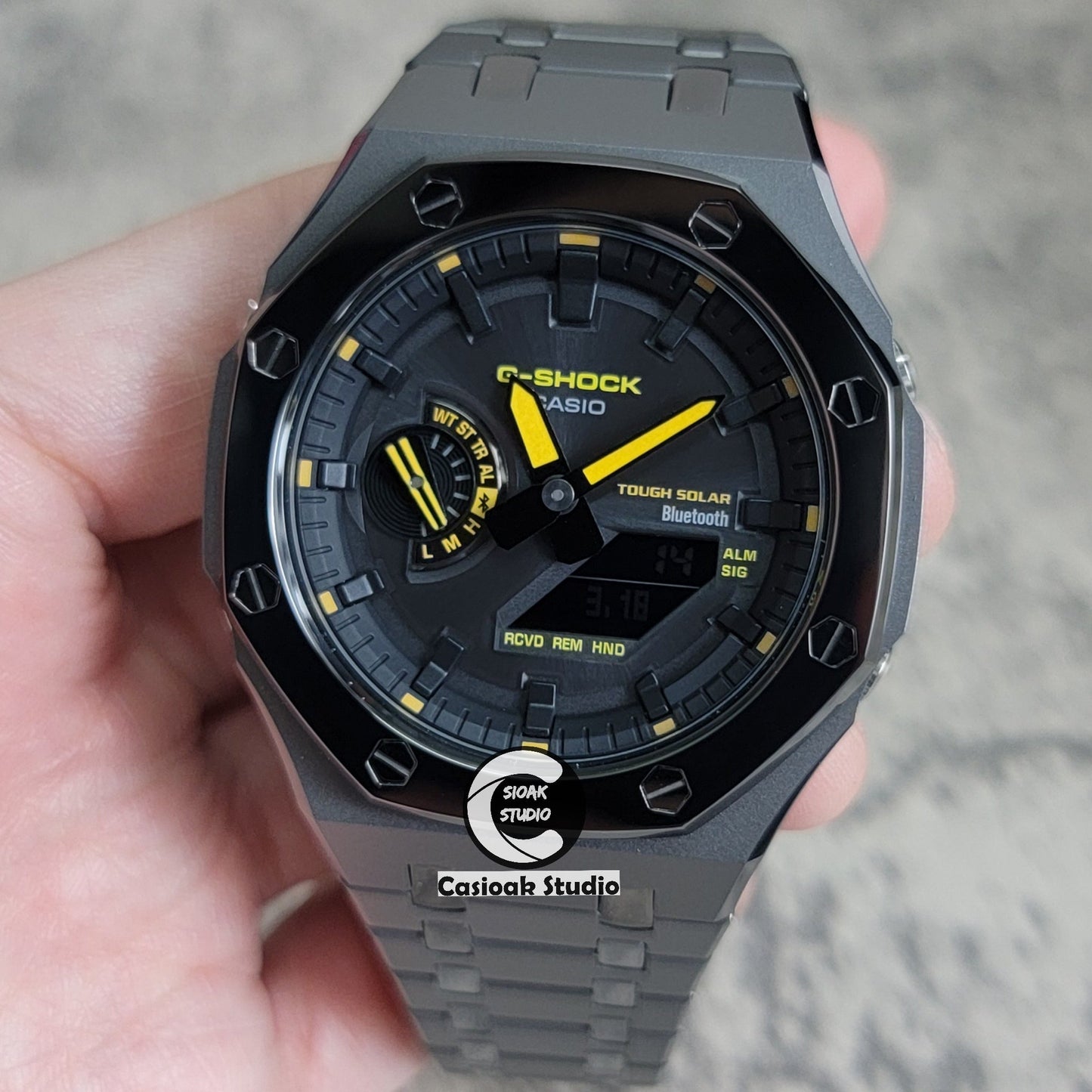 Casioak Mod Watch Solar Bluetooth Polished Gray Case Metal Strap Black Time Mark Black Dial 44mm- Casioak Mod Casio G-Shock Royal Oak Custom Mens Luxury Watches Ga2100