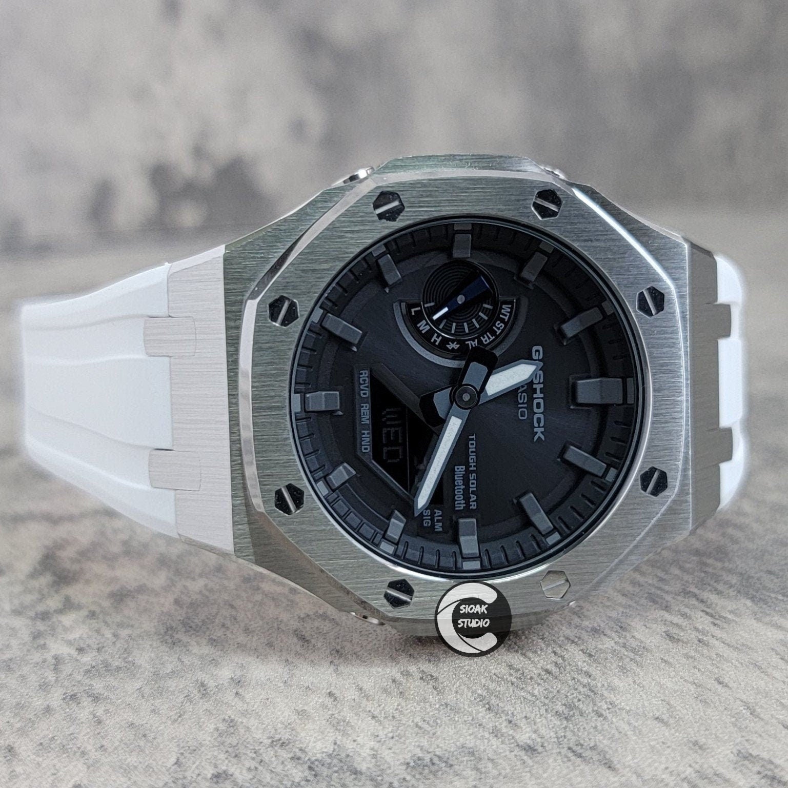 Casioak Mod Watch Solar Bluetooth Silver Cas White Rubber Strap Black Gray Time Mark Black Gray Dial 44mm G SHOCK CUSTOM- Casioak Mod Casio G-Shock Royal Oak Custom Mens Luxury Watches Ga2100