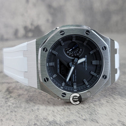 Casioak Mod Watch Solar Bluetooth Silver Cas White Rubber Strap Black Gray Time Mark Black Gray Dial 44mm G SHOCK CUSTOM- Casioak Mod Casio G-Shock Royal Oak Custom Mens Luxury Watches Ga2100