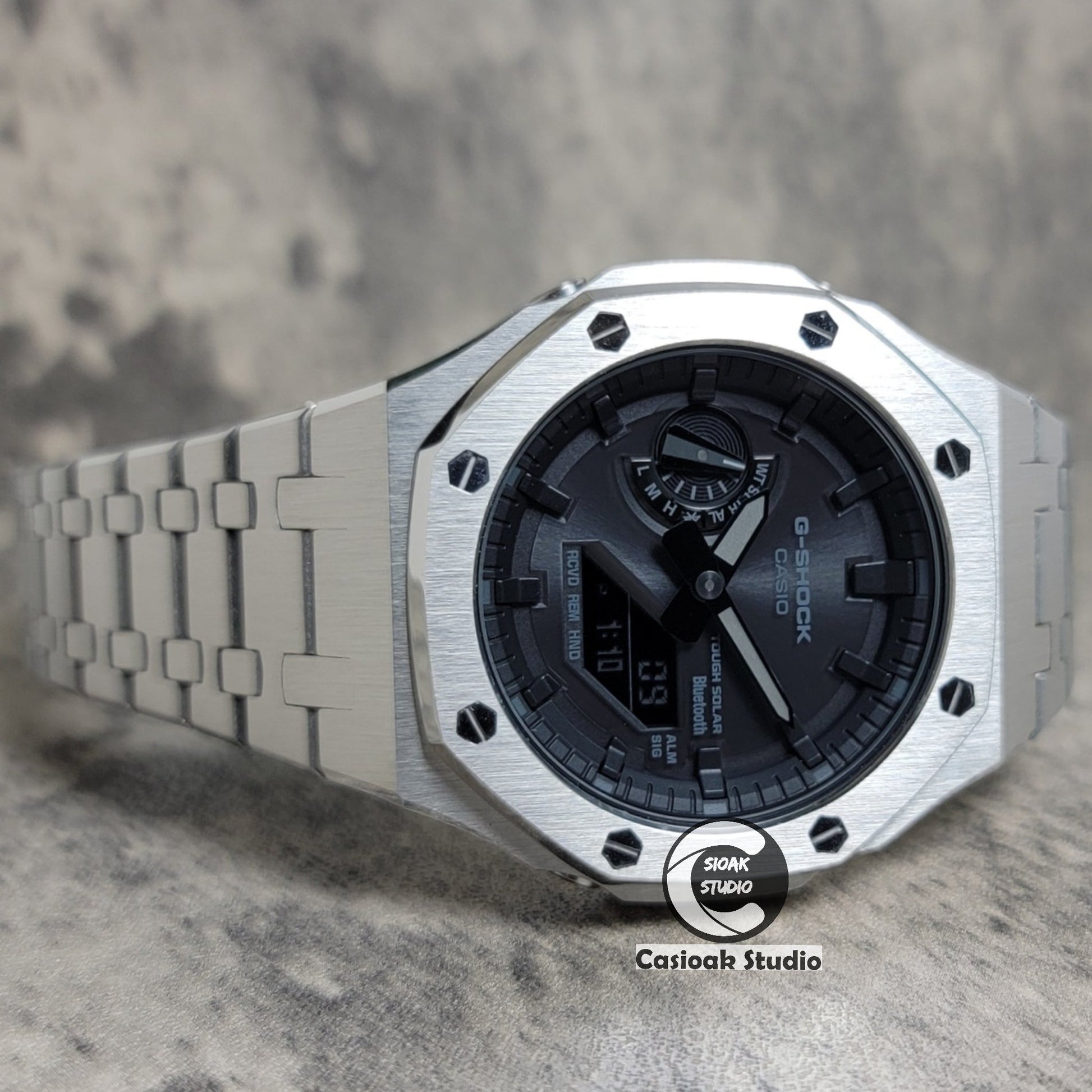 Casioak Mod Watch Solar Bluetooth Silver Case Metal Strap Black Time Mark Black Dial 44mm- Casioak Mod Casio G-Shock Royal Oak Custom Mens Luxury Watches Ga2100