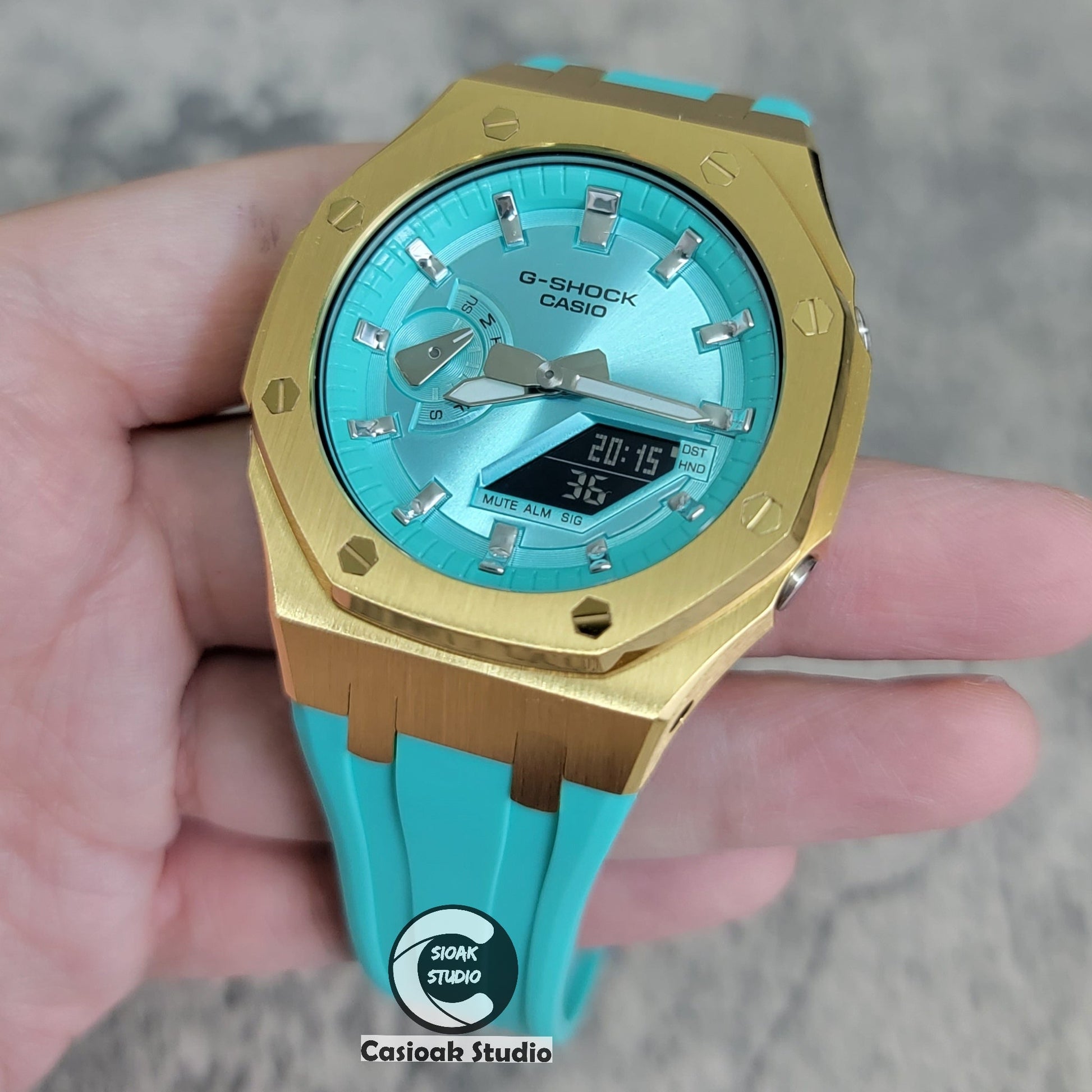 Casioak Mod Watch Std Gold Case Tiff Rubber Strap Tiff Silver Time Mark Tiff Blue Dial 44mm- Casioak Mod Casio G-Shock Royal Oak Custom Mens Luxury Watches Ga2100