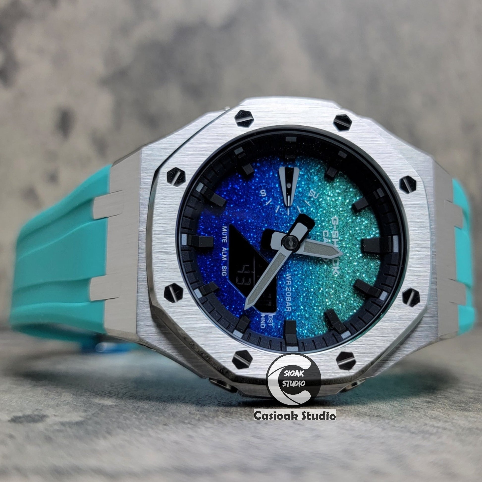 Casioak Mod Watch Std Silver Case Tiff Rubber Strap Black Time Mark BlingTiff Blue Dial 44mm- Casioak Mod Casio G-Shock Royal Oak Custom Mens Luxury Watches Ga2100