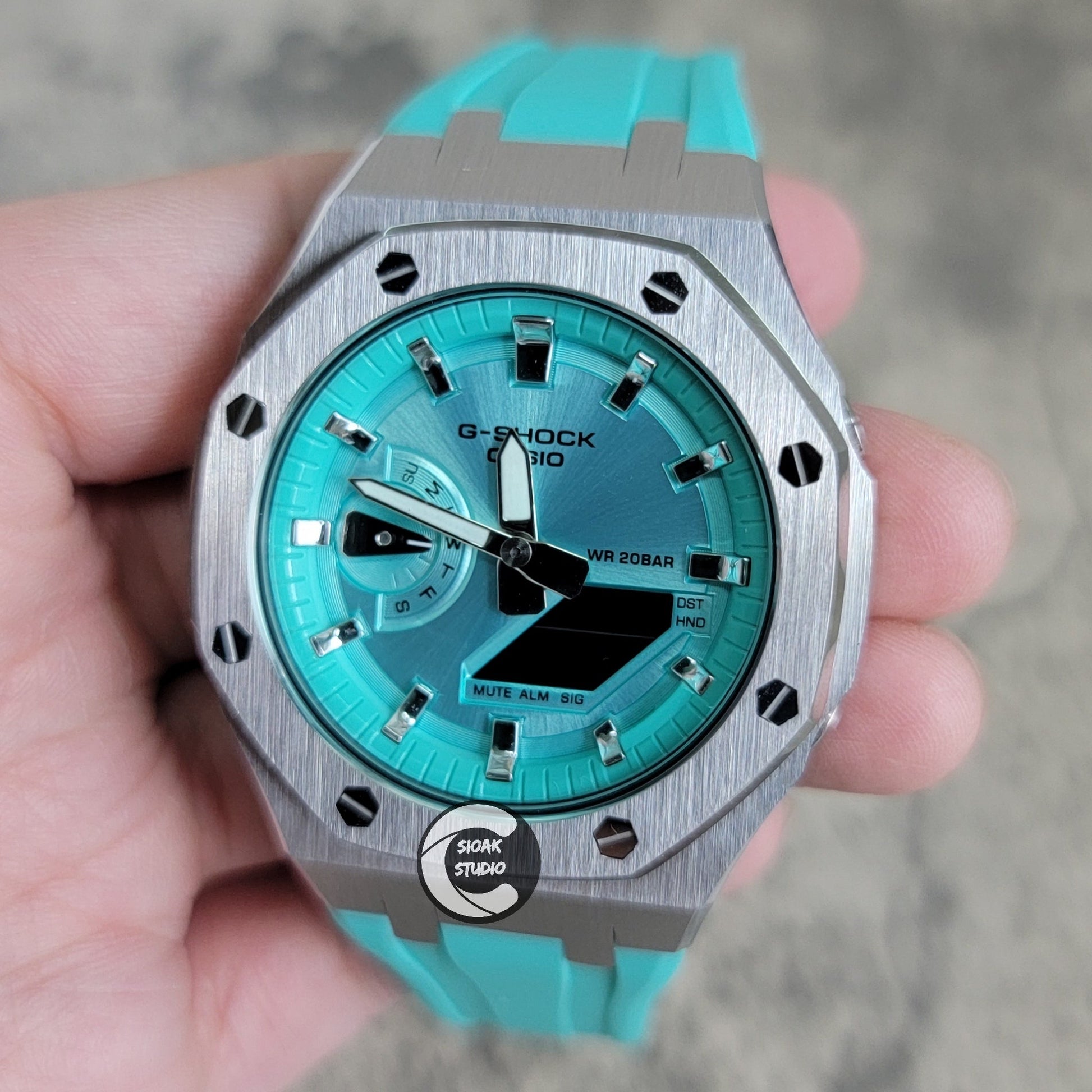 Casioak Mod Watch Std Silver Case Tiff Rubber Strap Tiff Silver Time Mark Tiff Blue Dial 44mm- Casioak Mod Casio G-Shock Royal Oak Custom Mens Luxury Watches Ga2100