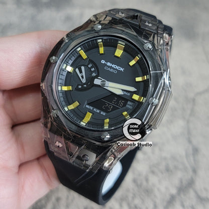 Casioak Mod Watch Transparent Black Case Black Strap Black Gold Time Mark Black Dial 44mm- Casioak Mod Casio G-Shock Royal Oak Custom Mens Luxury Watches Ga2100