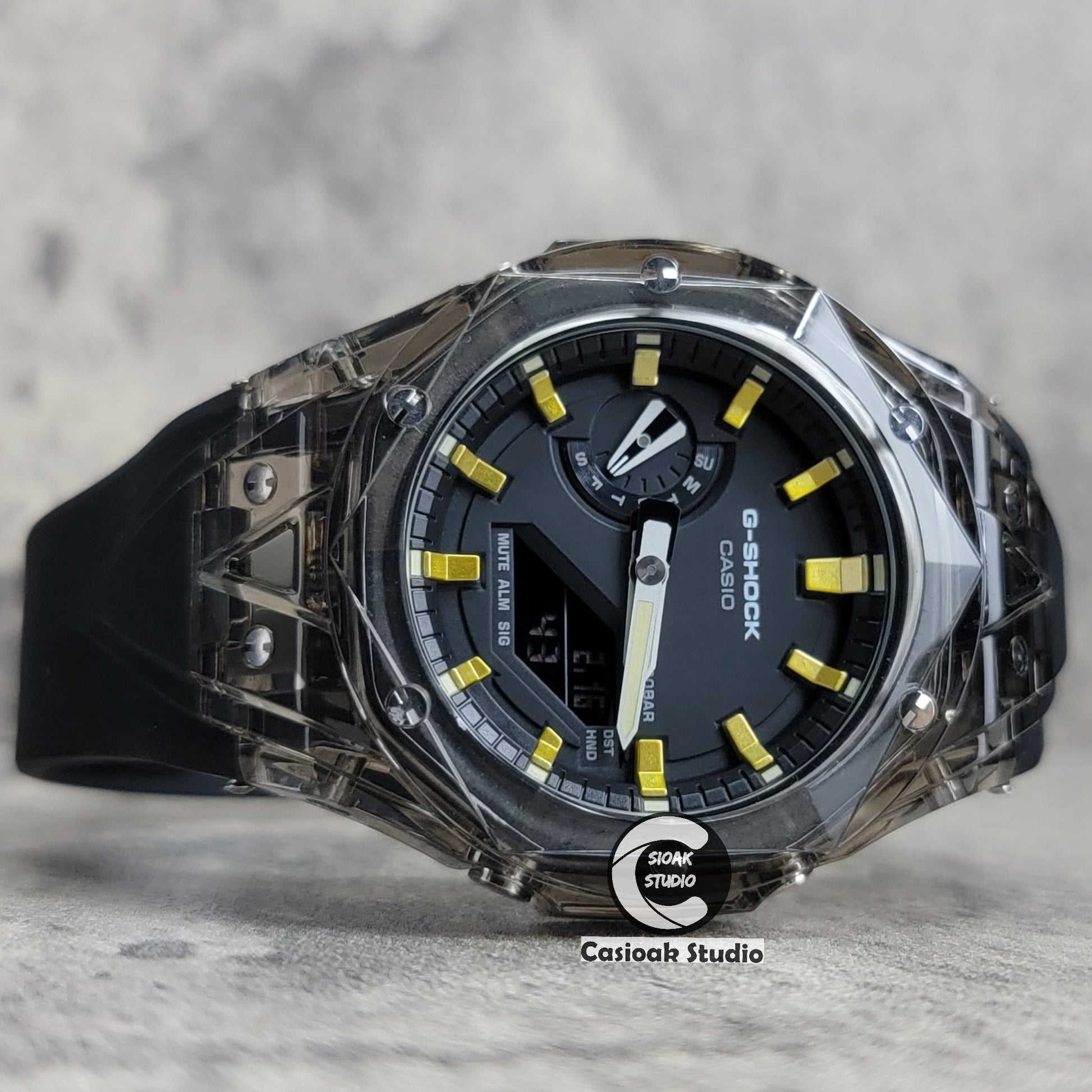 Casioak Mod Watch Transparent Black Case Black Strap Black Gold Time Mark Black Dial 44mm- Casioak Mod Casio G-Shock Royal Oak Custom Mens Luxury Watches Ga2100