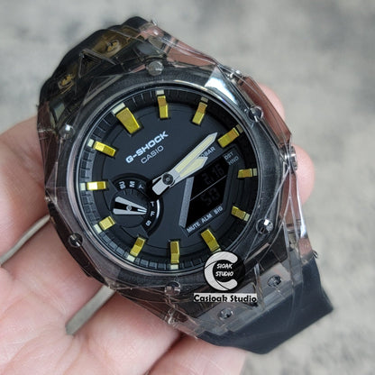 Casioak Mod Watch Transparent Black Case Black Strap Black Gold Time Mark Black Dial 44mm- Casioak Mod Casio G-Shock Royal Oak Custom Mens Luxury Watches Ga2100