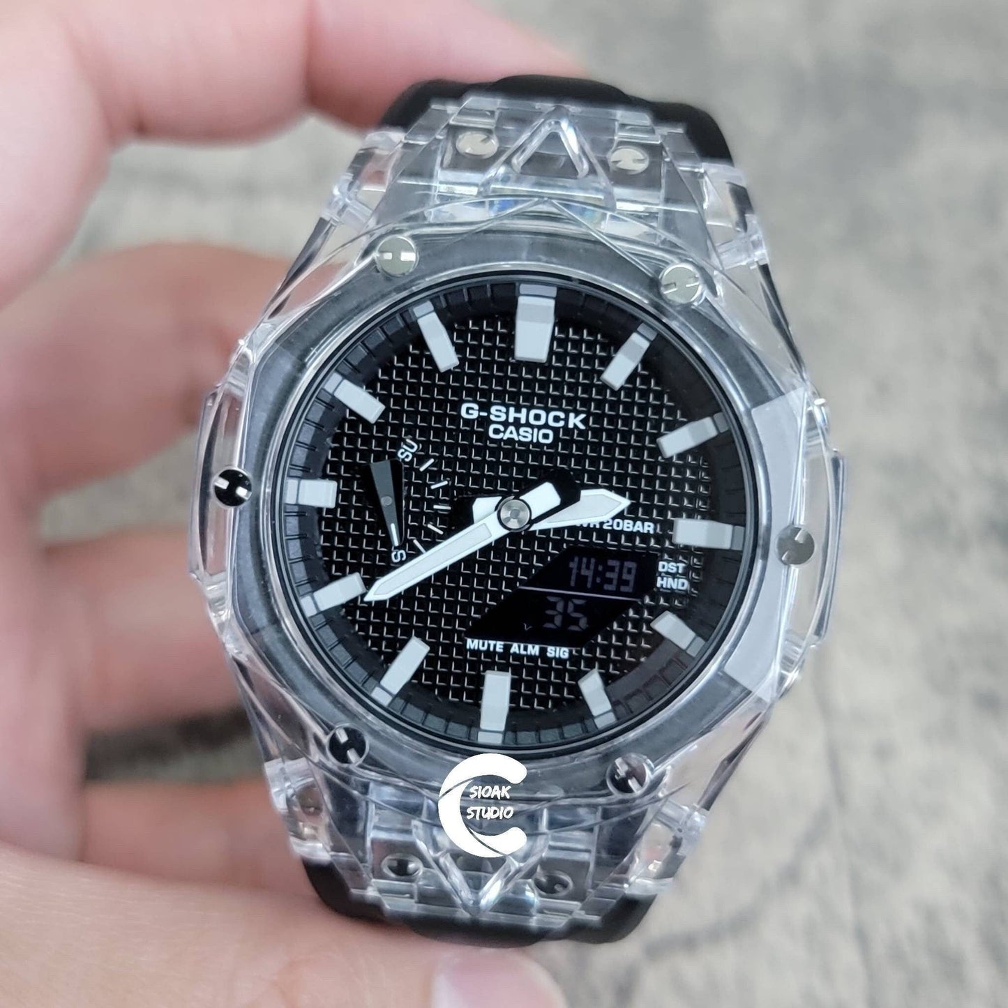 Casioak Mod Watch Transparent Case Black Strap Black Light Gray Time Mark Black Waffle Dial 44mm- Casioak Mod Casio G-Shock Royal Oak Custom Mens Luxury Watches Ga2100