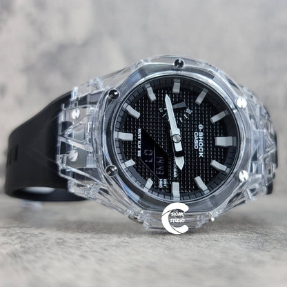 Casioak Mod Watch Transparent Case Black Strap Black Light Gray Time Mark Black Waffle Dial 44mm- Casioak Mod Casio G-Shock Royal Oak Custom Mens Luxury Watches Ga2100