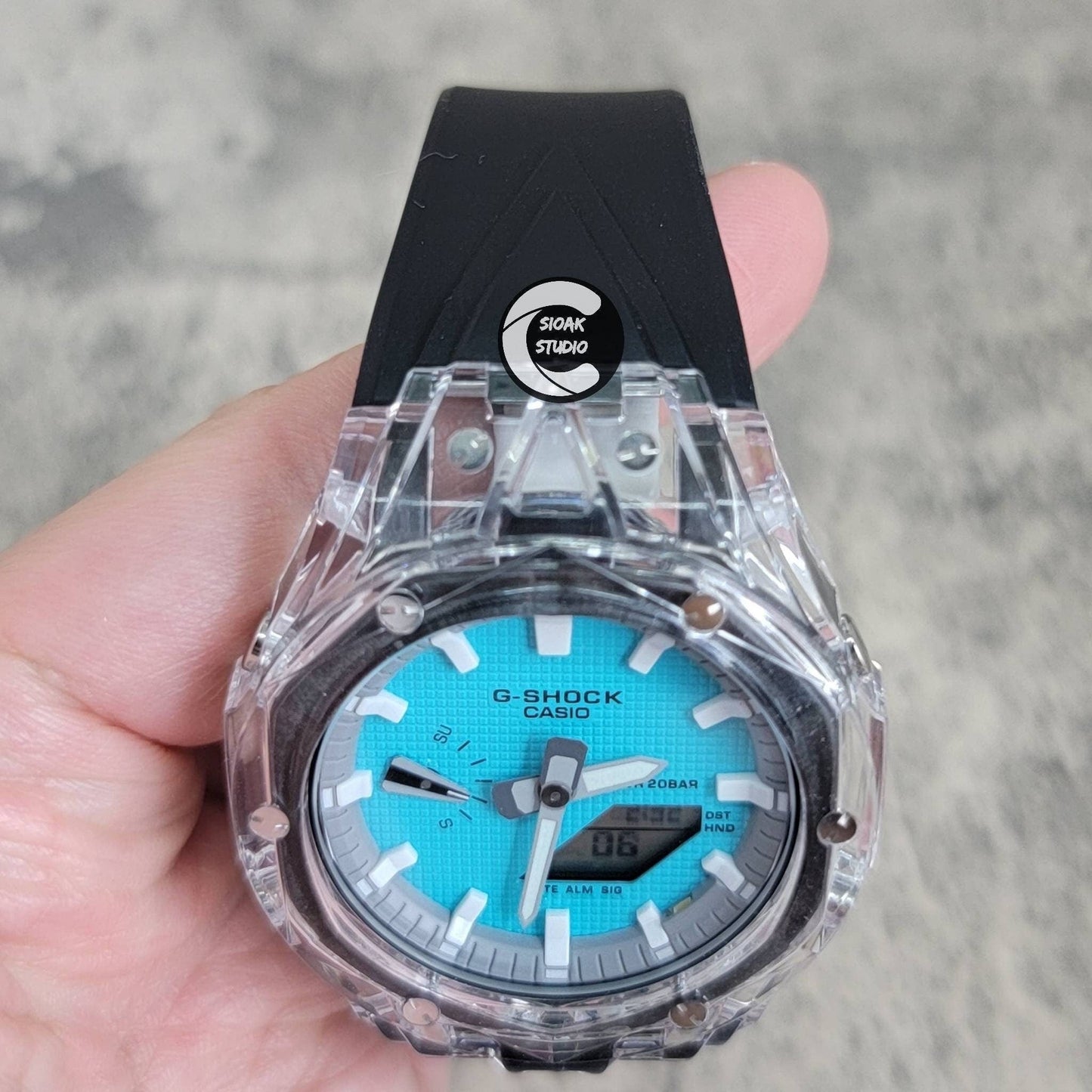 Casioak Mod Watch Transparent Case Black Strap Gray White Time Mark Tiff Blue Dial 44mm- Casioak Mod Casio G-Shock Royal Oak Custom Mens Luxury Watches Ga2100