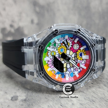 Casioak Mod Watch Transparent Case Black Strap Rainbow White Time Mark Takashi Murakami Dial 44mm- Casioak Mod Casio G-Shock Royal Oak Custom Mens Luxury Watches Ga2100