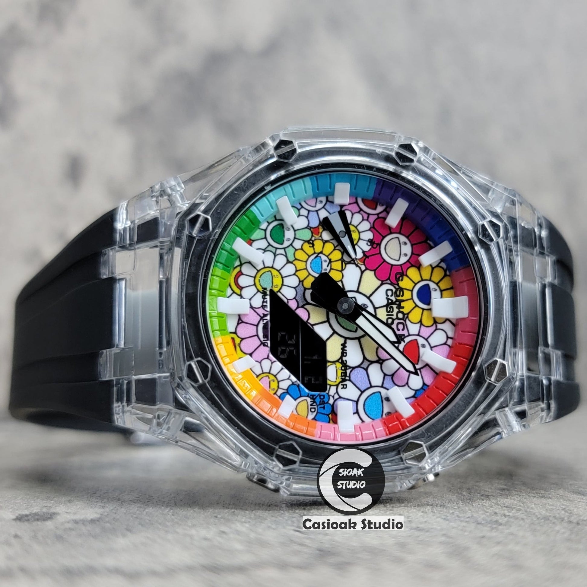 Casioak Mod Watch Transparent Case Black Strap Rainbow White Time Mark Takashi Murakami Dial 44mm- Casioak Mod Casio G-Shock Royal Oak Custom Mens Luxury Watches Ga2100