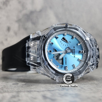 Casioak Mod Watch Transparent Case Black Strap Silverw Time Mark Blue Dial 44mm- Casioak Mod Casio G-Shock Royal Oak Custom Mens Luxury Watches Ga2100