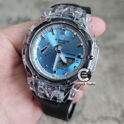 Casioak Mod Watch Transparent Case Black Strap Silverw Time Mark Blue Dial 44mm- Casioak Mod Casio G-Shock Royal Oak Custom Mens Luxury Watches Ga2100