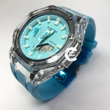 Casioak Mod Watch Transparent Case Blue Strap Tiff White Time Mark Tiff Blue Dial 44mm- Casioak Mod Casio G-Shock Royal Oak Custom Mens Luxury Watches Ga2100