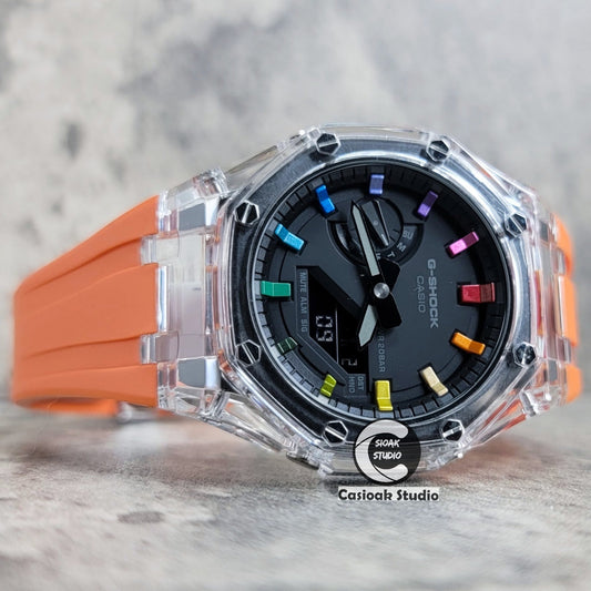 Casioak Mod Watch Transparent Case Orange Strap Black Rainbow Time Mark Black Dial 44mm- Casioak Mod Casio G-Shock Royal Oak Custom Mens Luxury Watches Ga2100