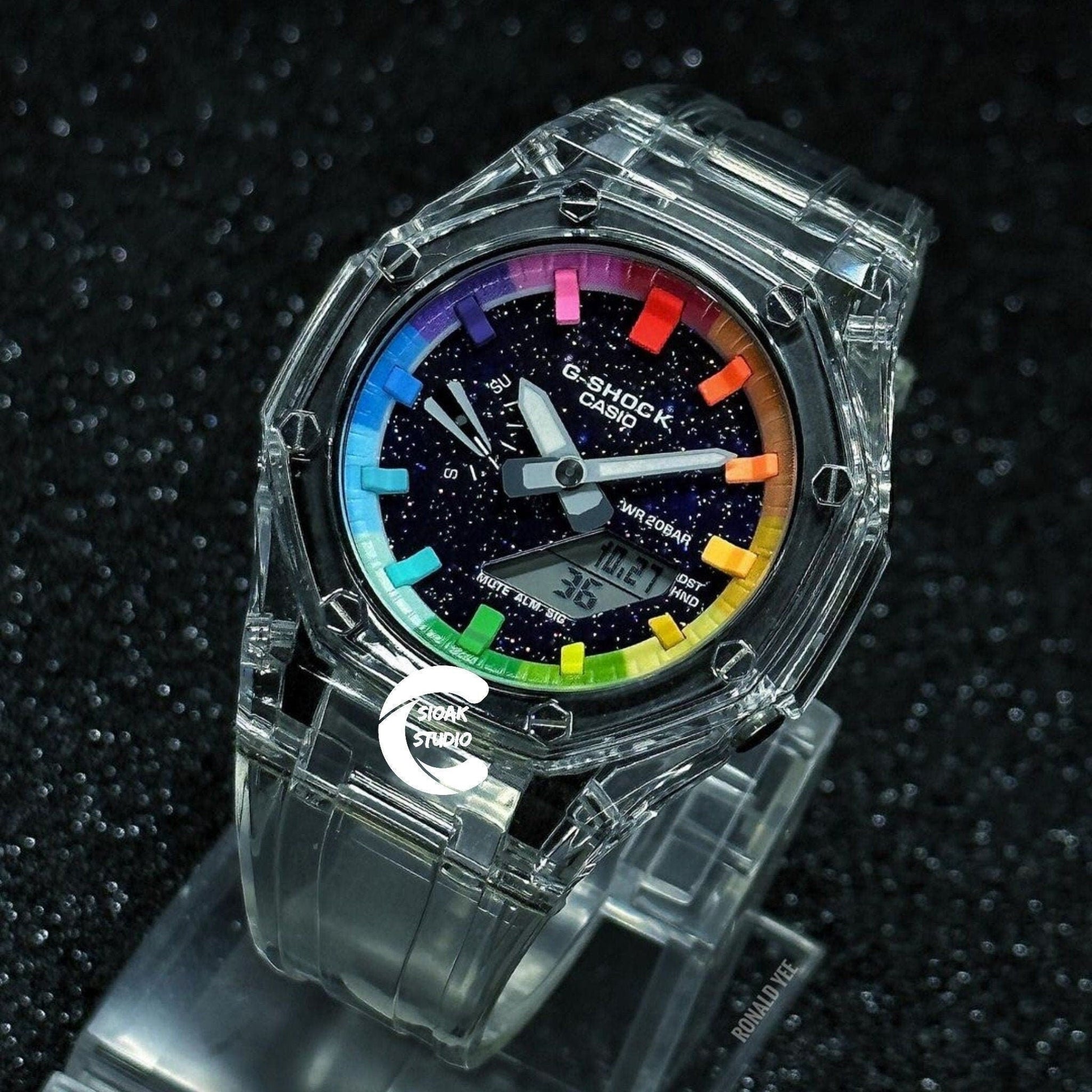 Casioak Mod Watch Transparent Case Strap Rainbow Time Mark Purple Dial 44mm- Casioak Mod Casio G-Shock Royal Oak Custom Mens Luxury Watches Ga2100