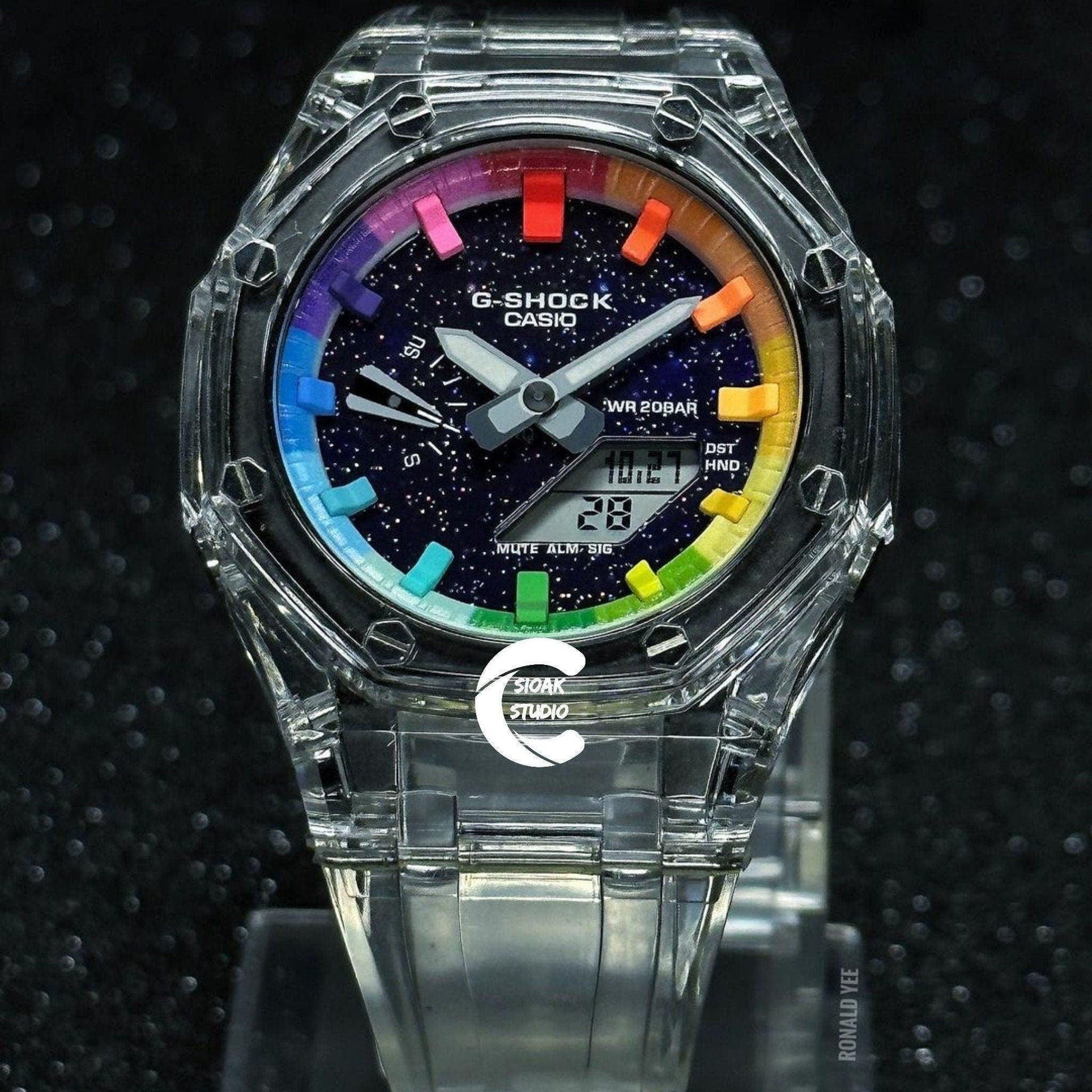 Casioak Mod Watch Transparent Case Strap Rainbow Time Mark Purple Dial 44mm- Casioak Mod Casio G-Shock Royal Oak Custom Mens Luxury Watches Ga2100