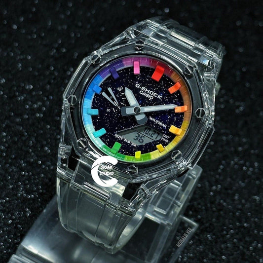 Casioak Mod Watch Transparent Case Strap Rainbow Time Mark Purple Dial 44mm- Casioak Mod Casio G-Shock Royal Oak Custom Mens Luxury Watches Ga2100