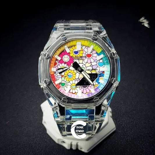 Casioak Mod Watch Transparent Case Strap Rainbow White Time Mark Takashi Murakami Dial 44mm- Casioak Mod Casio G-Shock Royal Oak Custom Mens Luxury Watches Ga2100