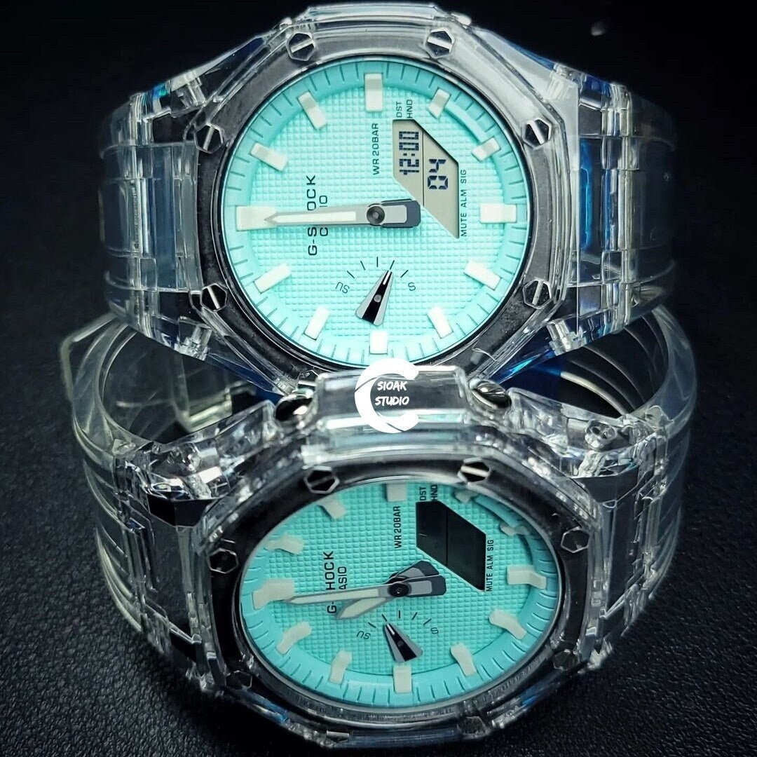 Casioak Mod Watch Transparent Case Strap Tiff White Time Mark Tiff Blue Dial 44mm- Casioak Mod Casio G-Shock Royal Oak Custom Mens Luxury Watches Ga2100