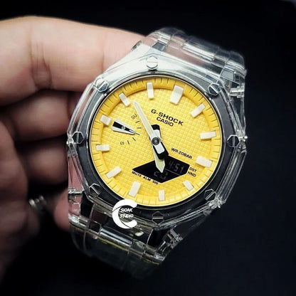 Casioak Mod Watch Transparent Case Strap Yellow White Time Mark Yellow Dial 44mm- Casioak Mod Casio G-Shock Royal Oak Custom Mens Luxury Watches Ga2100