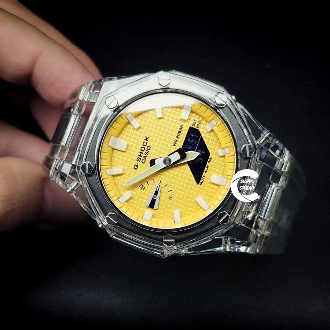 Casioak Mod Watch Transparent Case Strap Yellow White Time Mark Yellow Dial 44mm- Casioak Mod Casio G-Shock Royal Oak Custom Mens Luxury Watches Ga2100