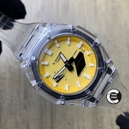 Casioak Mod Watch Transparent Case Strap Yellow White Time Mark Yellow Dial 44mm- Casioak Mod Casio G-Shock Royal Oak Custom Mens Luxury Watches Ga2100