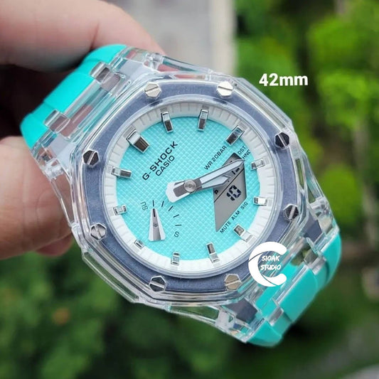 Casioak Mod Watch Transparent Case Tiff Strap White Silver Time Mark Tiff Blue Dial 42mm- Casioak Mod Casio G-Shock Royal Oak Custom Mens Luxury Watches Ga2100