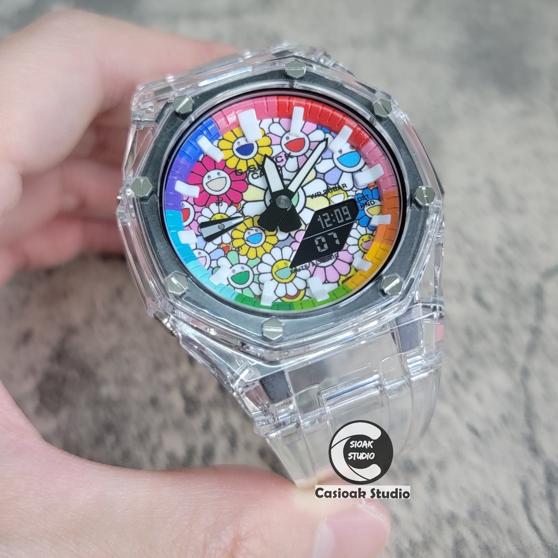 Casioak Mod Watch Transparent Case Transparent Strap Rainbow White Time Mark Takashi Murakami Dial 44mm- Casioak Mod Casio G-Shock Royal Oak Custom Mens Luxury Watches Ga2100