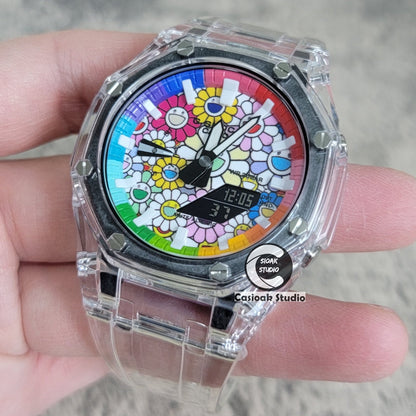 Casioak Mod Watch Transparent Case Transparent Strap Rainbow White Time Mark Takashi Murakami Dial 44mm- Casioak Mod Casio G-Shock Royal Oak Custom Mens Luxury Watches Ga2100