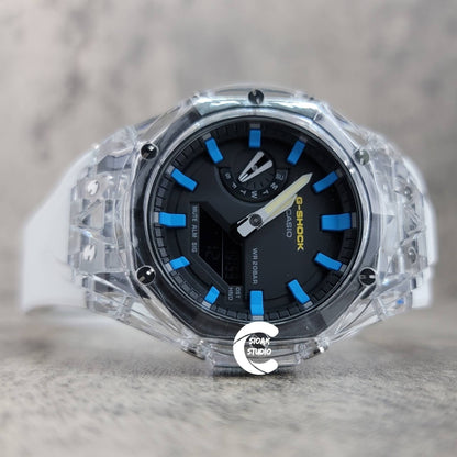 Casioak Mod Watch Transparent Case White Strap Black Blue Time Mark Black Dial 44mm- Casioak Mod Casio G-Shock Royal Oak Custom Mens Luxury Watches Ga2100