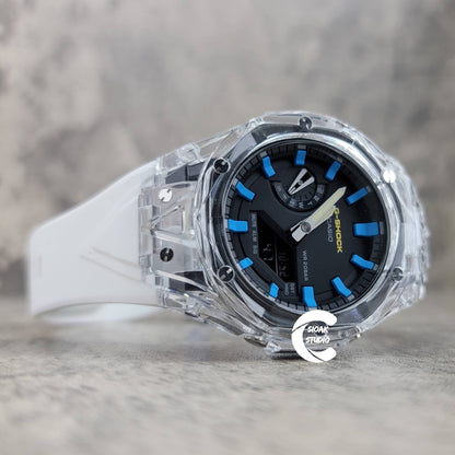 Casioak Mod Watch Transparent Case White Strap Black Blue Time Mark Black Dial 44mm- Casioak Mod Casio G-Shock Royal Oak Custom Mens Luxury Watches Ga2100