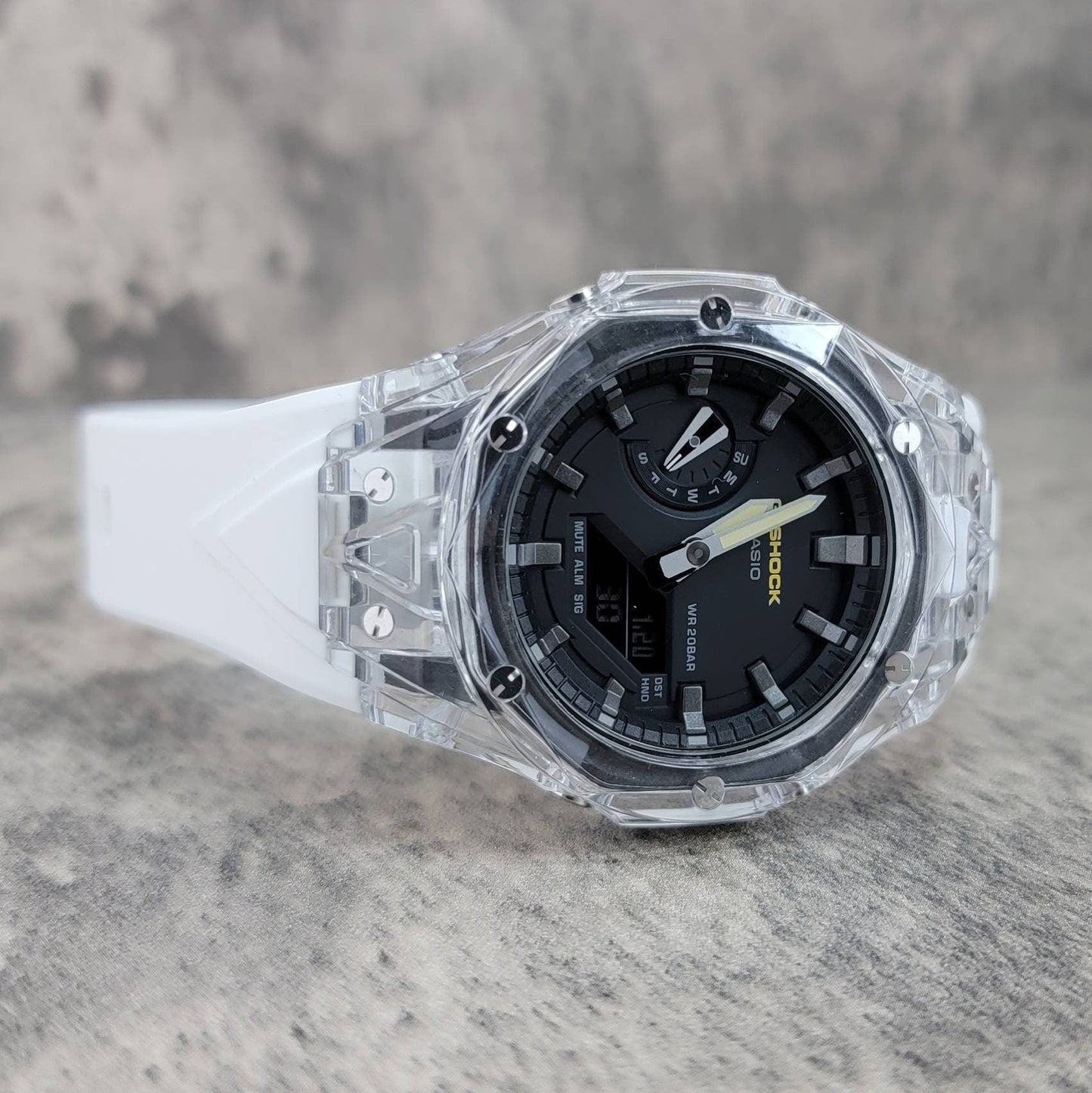 Casioak Mod Watch Transparent Case White Strap Black Gray Time Mark Black Dial 44mm- Casioak Mod Casio G-Shock Royal Oak Custom Mens Luxury Watches Ga2100