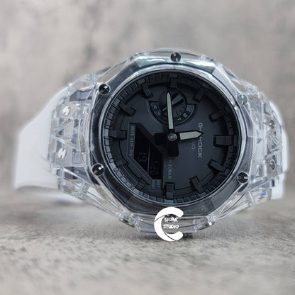 Casioak Mod Watch Transparent Case White Strap Black Time Mark Black Dial 44mm- Casioak Mod Casio G-Shock Royal Oak Custom Mens Luxury Watches Ga2100