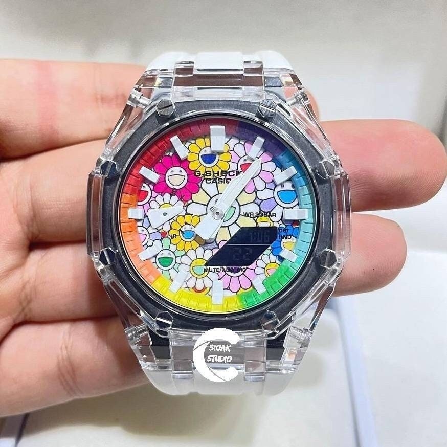 Casioak Mod Watch Transparent Case White Strap Rainbow White Time Mark Takashi Murakami Dial 44mm- Casioak Mod Casio G-Shock Royal Oak Custom Mens Luxury Watches Ga2100