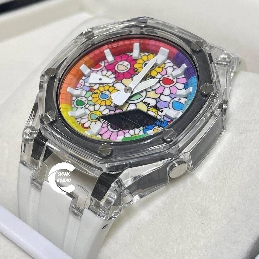 Casioak Mod Watch Transparent Case White Strap Rainbow White Time Mark Takashi Murakami Dial 44mm- Casioak Mod Casio G-Shock Royal Oak Custom Mens Luxury Watches Ga2100