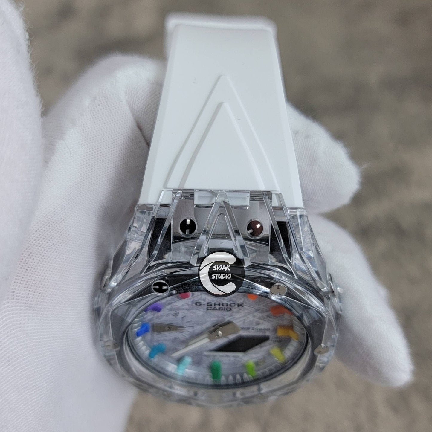 Casioak Mod Watch Transparent Case White Strap Silver Rainbow Time Mark Meteorite Dial 44mm- Casioak Mod Casio G-Shock Royal Oak Custom Mens Luxury Watches Ga2100