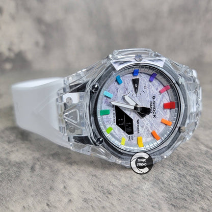 Casioak Mod Watch Transparent Case White Strap Silver Rainbow Time Mark Meteorite Dial 44mm- Casioak Mod Casio G-Shock Royal Oak Custom Mens Luxury Watches Ga2100