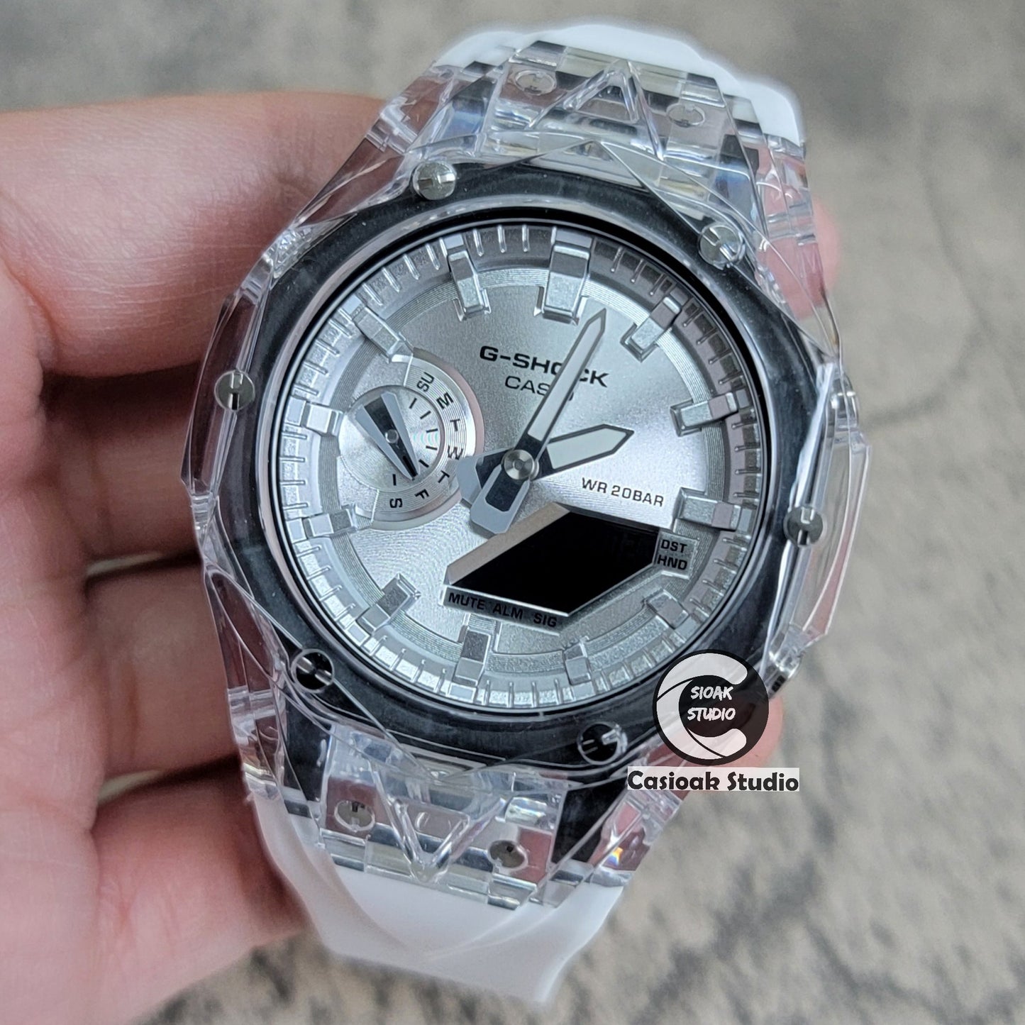 Casioak Mod Watch Transparent Case White Strap Silver Time Mark Silver Dial 44mm- Casioak Mod Casio G-Shock Royal Oak Custom Mens Luxury Watches Ga2100