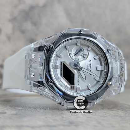 Casioak Mod Watch Transparent Case White Strap Silver Time Mark Silver Dial 44mm- Casioak Mod Casio G-Shock Royal Oak Custom Mens Luxury Watches Ga2100