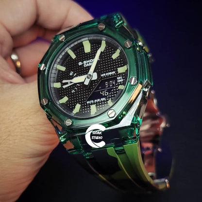 Casioak Mod Watch Transparent Green Case Green Strap Black Luminous Time Mark Black Dial 44mm- Casioak Mod Casio G-Shock Royal Oak Custom Mens Luxury Watches Ga2100