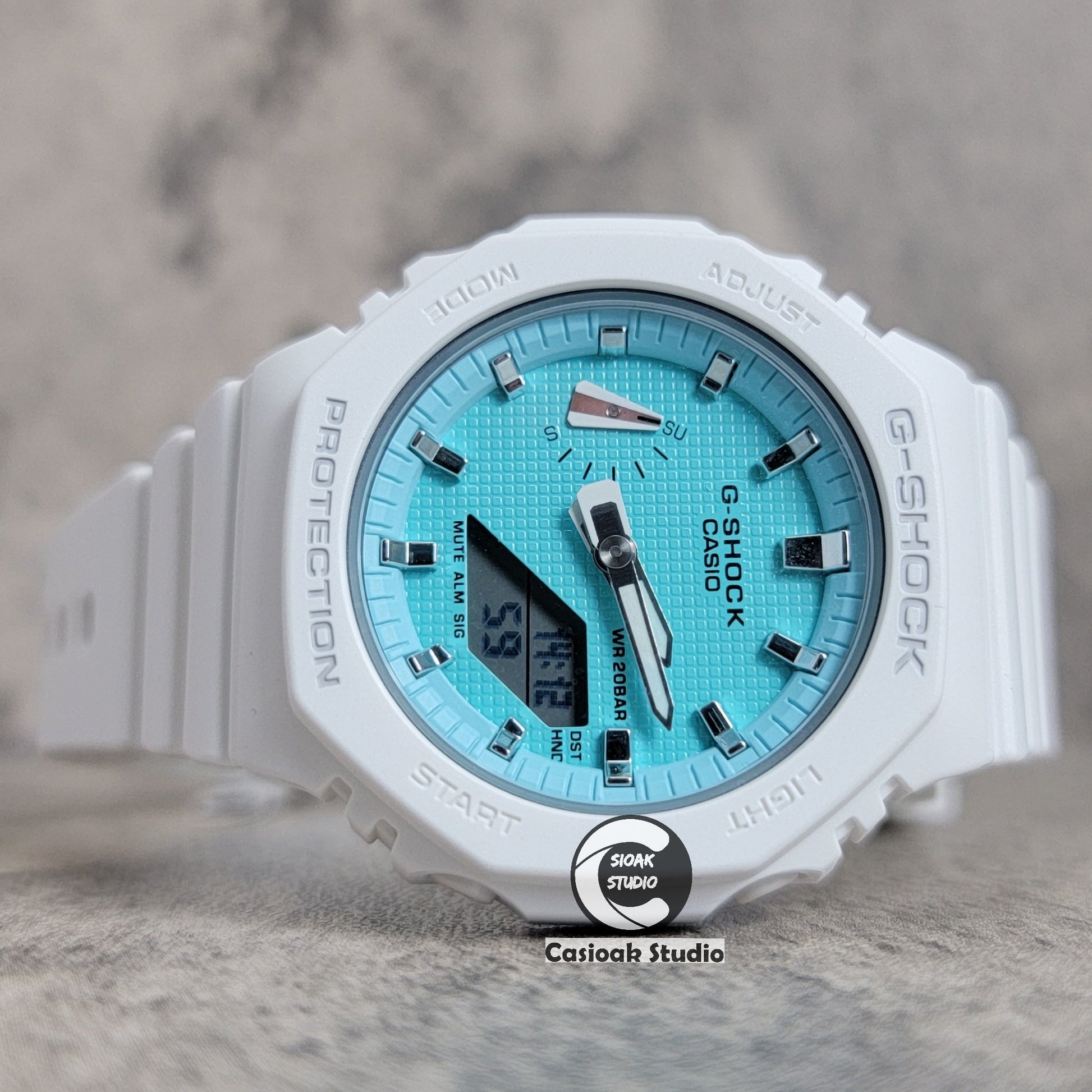 Casioak Mod Watch White Case Plastic Strap Tiff Silver Time Mark Tiff Blue Dial 42mm- Casioak Mod Casio G-Shock Royal Oak Custom Mens Luxury Watches Ga2100