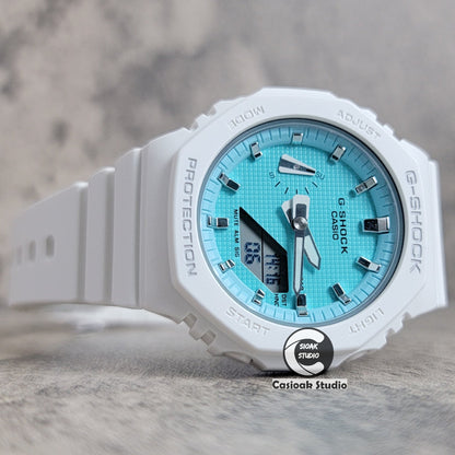 Casioak Mod Watch White Case Plastic Strap Tiff Silver Time Mark Tiff Blue Dial 42mm- Casioak Mod Casio G-Shock Royal Oak Custom Mens Luxury Watches Ga2100