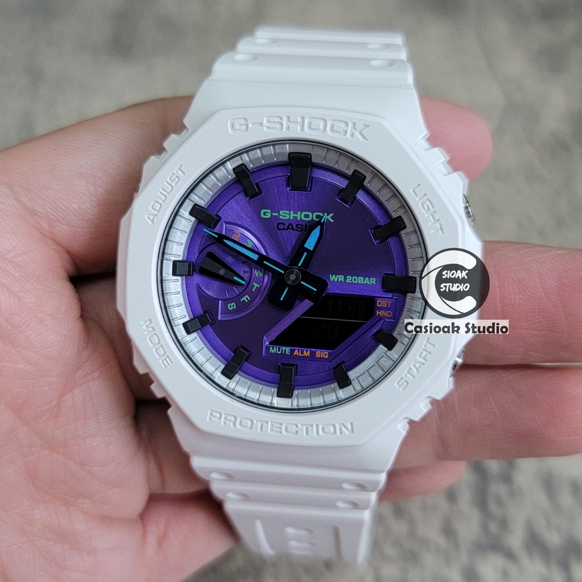 Casioak Mod Watch White Plastic Case Strap Silver Black Time Mark Purple Dial 44mm- Casioak Mod Casio G-Shock Royal Oak Custom Mens Luxury Watches Ga2100