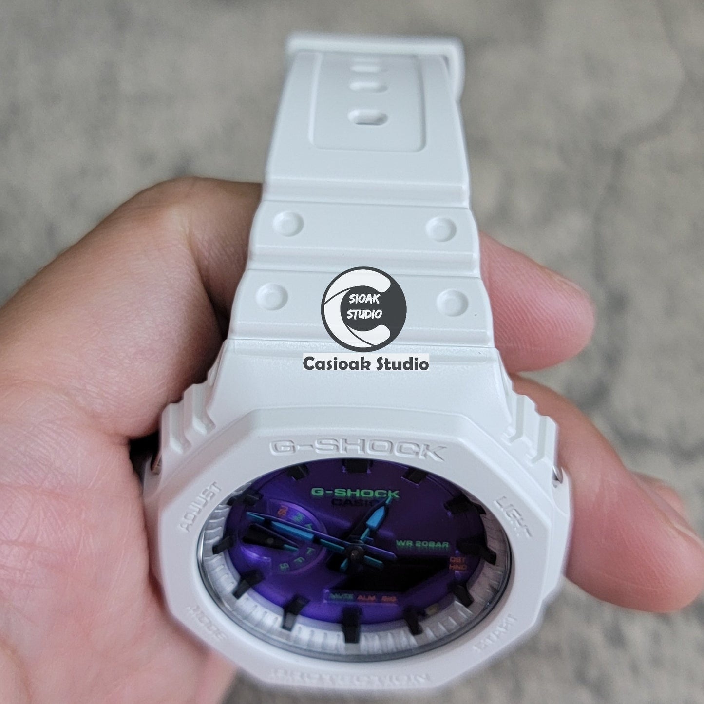 Casioak Mod Watch White Plastic Case Strap Silver Black Time Mark Purple Dial 44mm- Casioak Mod Casio G-Shock Royal Oak Custom Mens Luxury Watches Ga2100