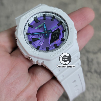 Casioak Mod Watch White Plastic Case Strap Silver Black Time Mark Purple Dial 44mm- Casioak Mod Casio G-Shock Royal Oak Custom Mens Luxury Watches Ga2100