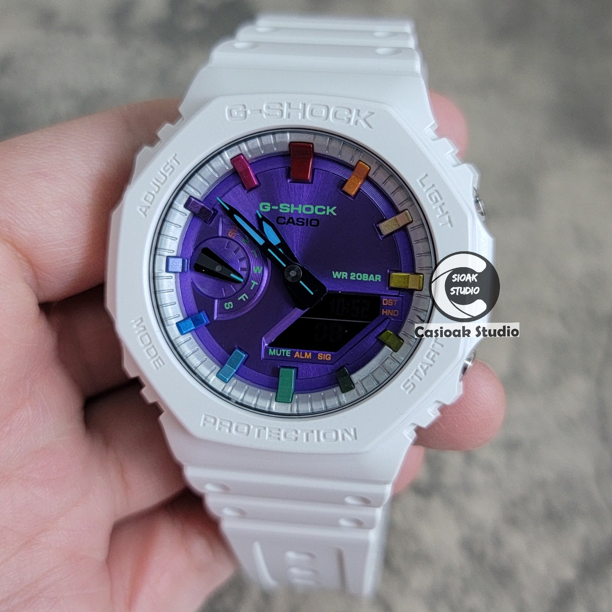 Casioak Mod Watch White Plastic Case Strap Silver Rainbow Time Mark Purple Dial 44mm- Casioak Mod Casio G-Shock Royal Oak Custom Mens Luxury Watches Ga2100