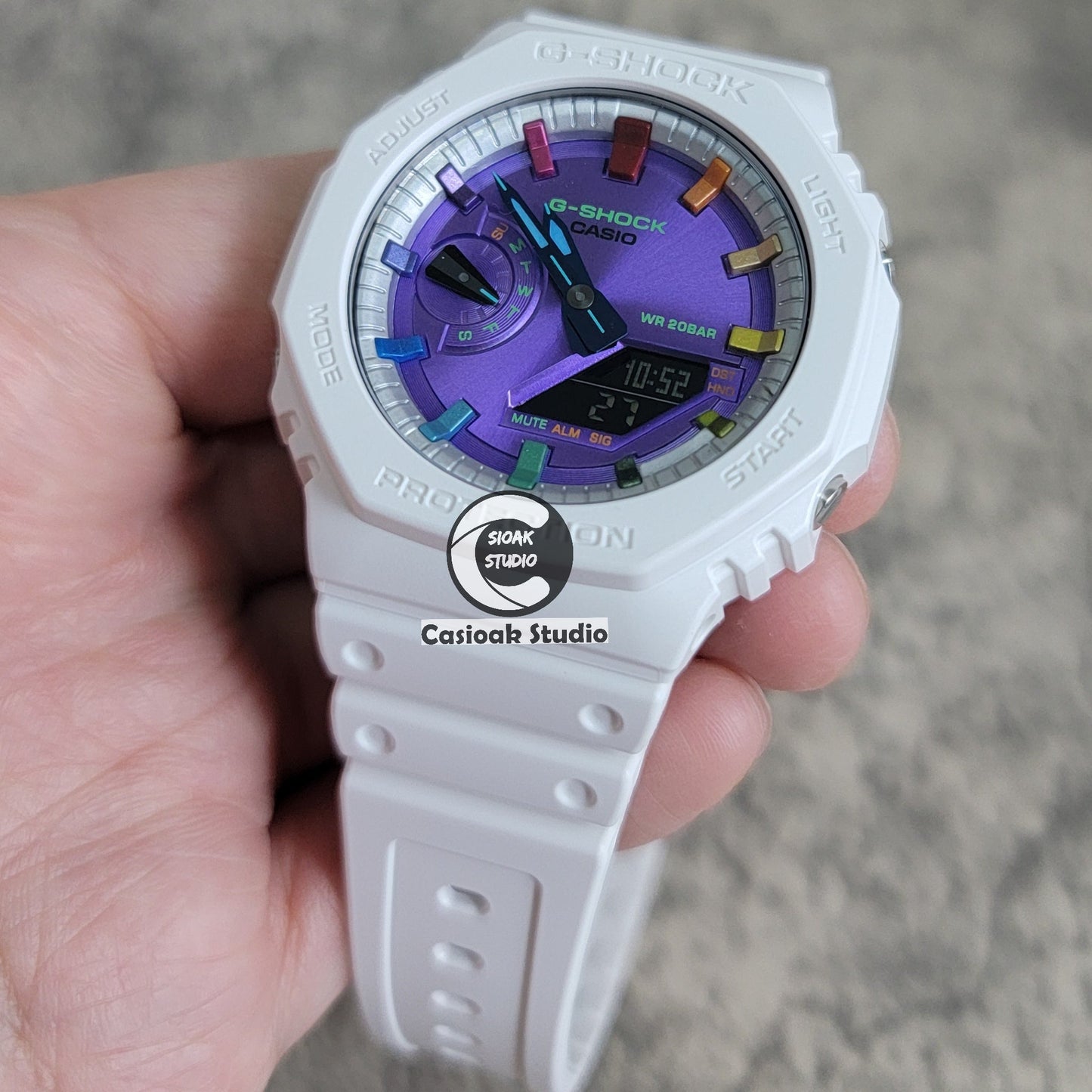 Casioak Mod Watch White Plastic Case Strap Silver Rainbow Time Mark Purple Dial 44mm- Casioak Mod Casio G-Shock Royal Oak Custom Mens Luxury Watches Ga2100