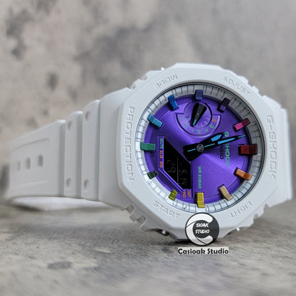 Casioak Mod Watch White Plastic Case Strap Silver Rainbow Time Mark Purple Dial 44mm- Casioak Mod Casio G-Shock Royal Oak Custom Mens Luxury Watches Ga2100