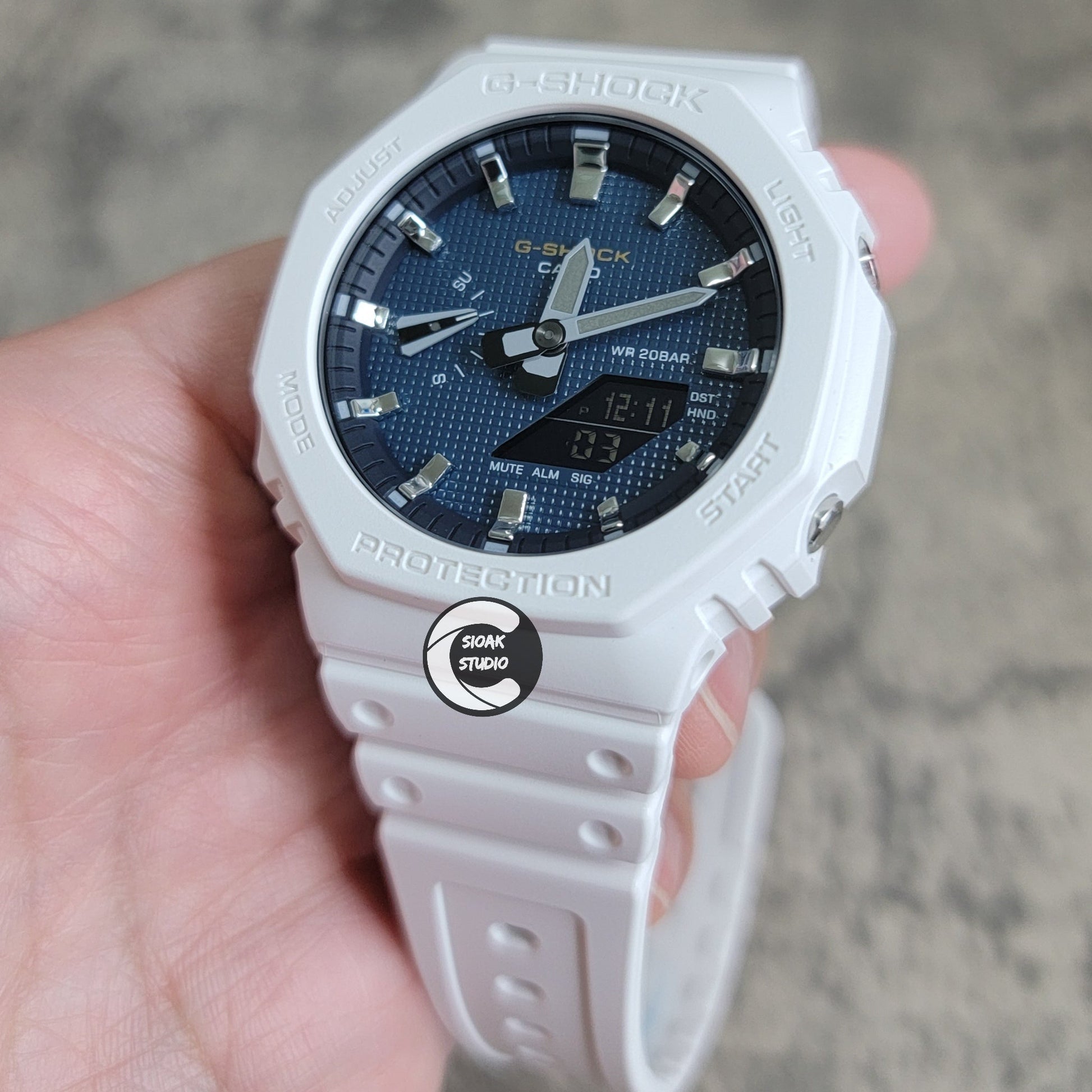 Casioak Mod Watch White Plastic Case Strap Silver Time Mark Blue Waffle Dial 44mm- Casioak Mod Casio G-Shock Royal Oak Custom Mens Luxury Watches Ga2100